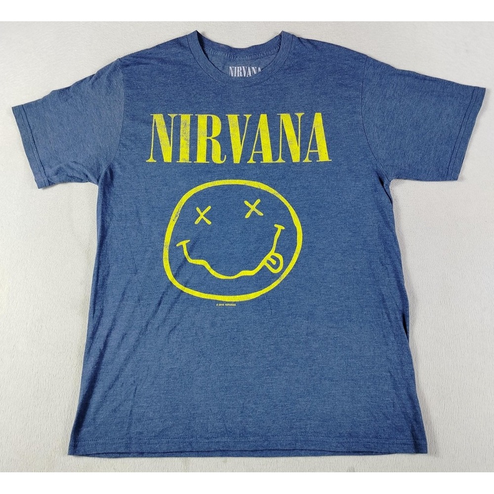 Nirvana Shirt Mens Large Blue Smiley Face Logo Graphic Tee Band Rock Music